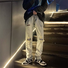 牛仔裤破洞潮ins高街男棋盘格拉链直筒裤设计感小众NK523，男装牛仔裤，星座1116A-1（原606A）