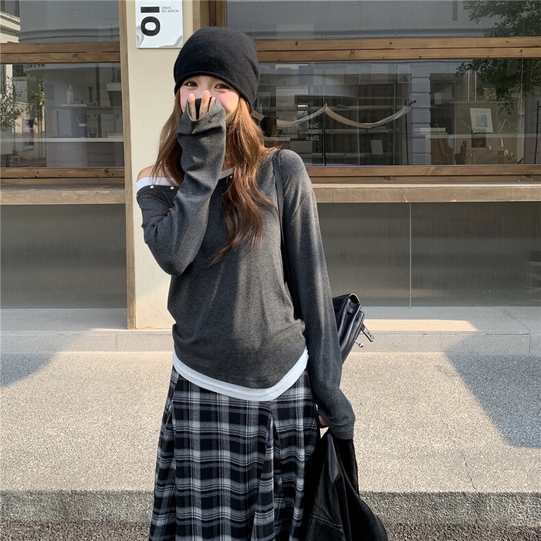 韩版露肩长袖T恤套装裙女2025春秋季新款不规则格纹半身裙两件套图片