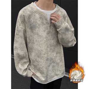 冬季保暖银狐绒假两件扎染亨利领长袖卫衣男W5012J加绒-特P35控68图片