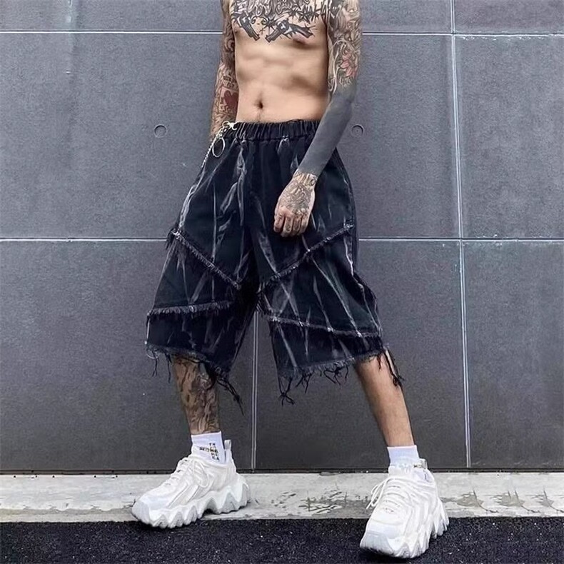 美式扎染牛仔短裤男夏季毛边设计感情侣高街五分裤子潮WLA101-P40,男装牛仔裤,星座1008