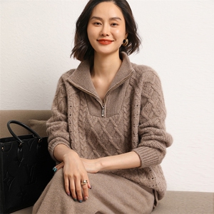 简约潮流百搭精致POLO半拉链套头打底衫羊绒衫女图片
