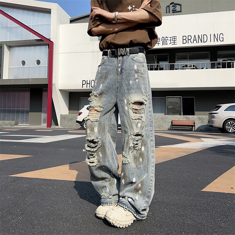 做旧破洞牛仔裤男女宽松垂感拖地美式复古裤子废土风NZ011-P52,男装牛仔裤,星座308B-1