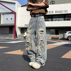 做旧破洞牛仔裤男女宽松垂感拖地美式复古裤子废土风NZ011-P52，男装牛仔裤，星座308B-1