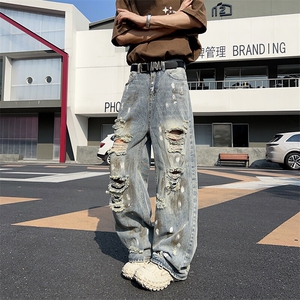 做旧破洞牛仔裤男女宽松垂感拖地美式复古裤子废土风NZ011-P52图片