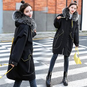 2022冬季新款时尚休闲加绒中长款棉衣宽松舒适大毛领棉服外套，女装棉衣/棉服，米雪儿