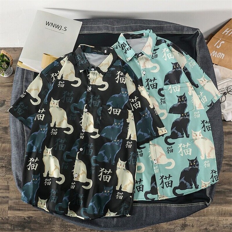 日系印花猫衬衫男夏季潮牌帅气宽松短袖衬衣青少年网红休闲薄外套,男装衬衫,星座506B
