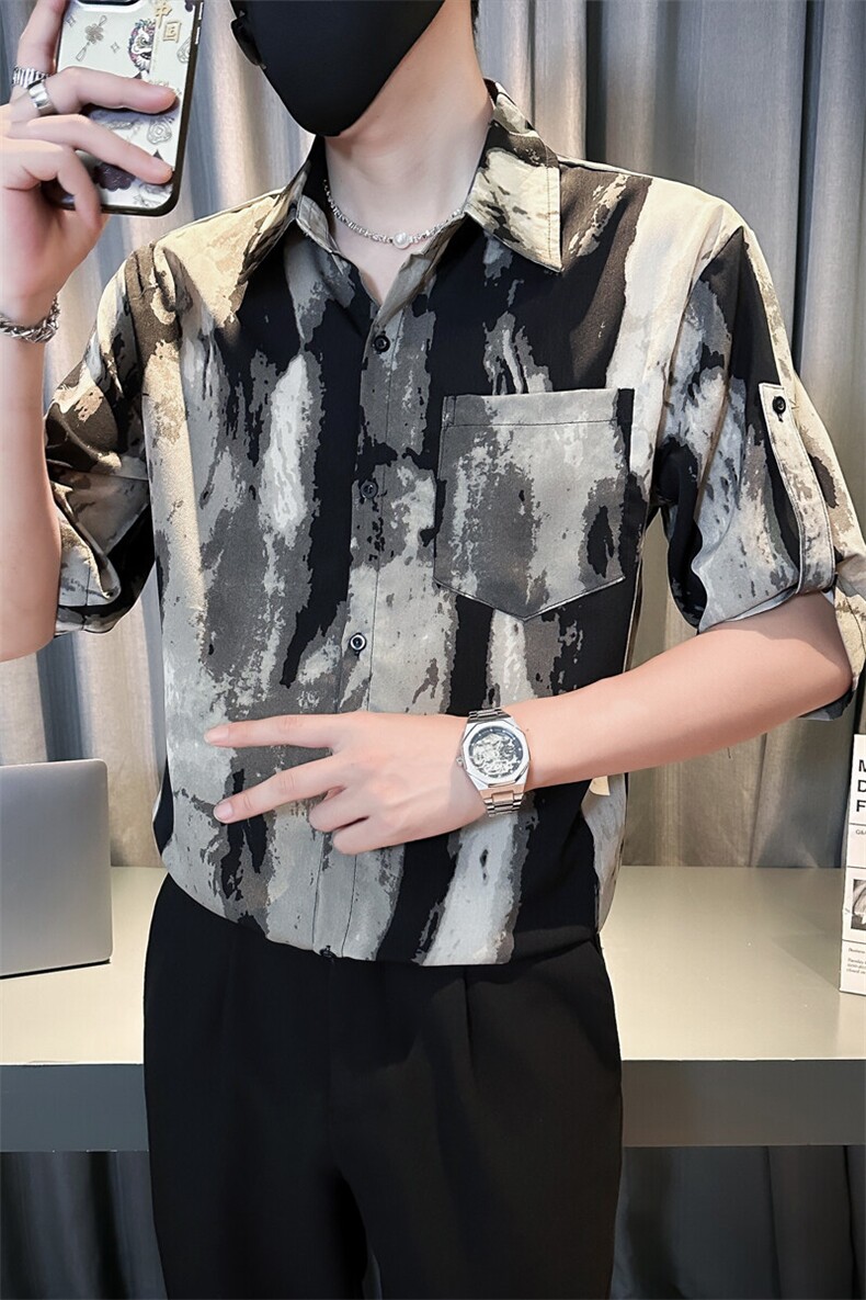 小伙宽松冰丝垂感衬衫男短袖复古花衬衣A236--特P35,男装T恤,电商A236