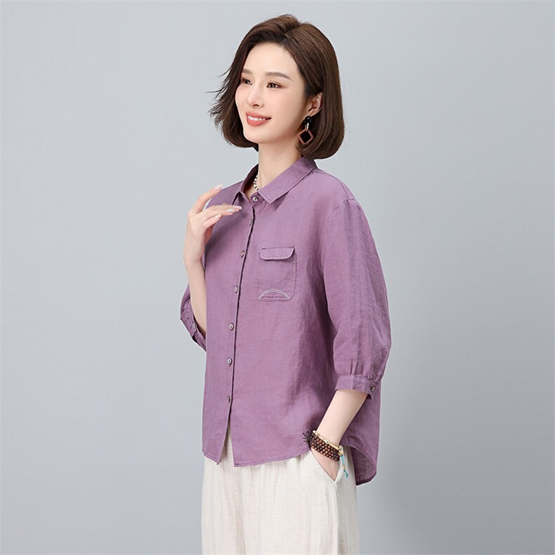 棉麻衬衫女2025夏季新款中年妈妈休闲宽松时尚洋气亚麻七分袖上衣,女装衬衫,涵誉