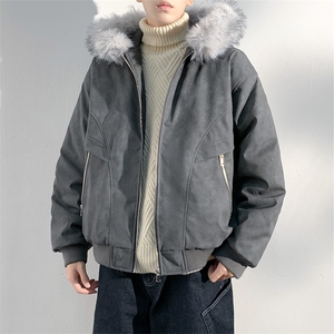 现货 扎染PU皮棉服男冬季加厚连帽棉衣座山雕大毛领外套M090-P120图片