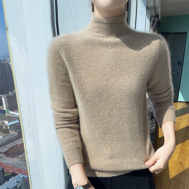 软糯亲肤~秋冬新款山羊绒衫女卷边半高领显瘦内搭针织打底衫毛衣,女装羊绒衫,更慕羊绒