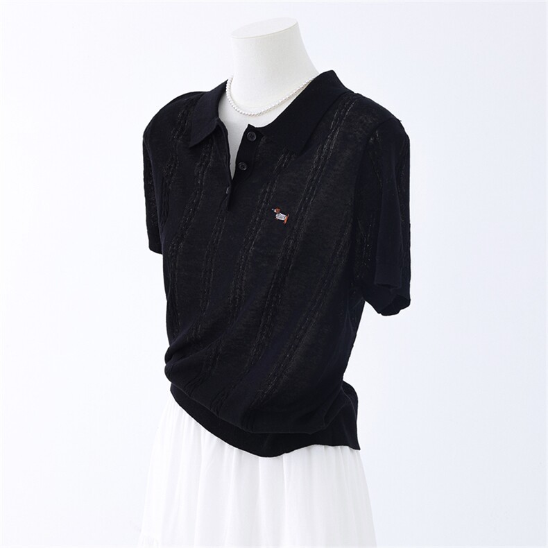 天爽亚麻POLO领刺绣短袖，女装针织衫/毛衣，优麦羊绒（原洪叶羊绒）