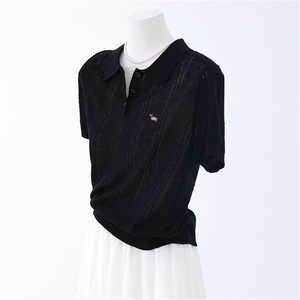 天爽亚麻POLO领刺绣短袖，女装针织衫/毛衣，优麦羊绒（原洪叶羊绒）