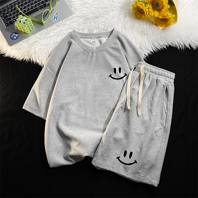 HZ75204-P44华夫格套装男大码休闲运动套装两件套，男装休闲套装，电商A040