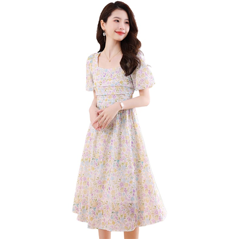 茶歇法式小个子碎花连衣裙子2024新款女装夏季长裙后背打揽显瘦,女装连衣裙,梦懿尔