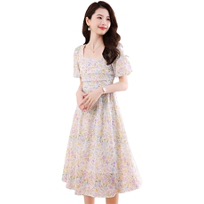 茶歇法式小个子碎花连衣裙子2024新款女装夏季长裙后背打揽显瘦，女装连衣裙，梦懿尔