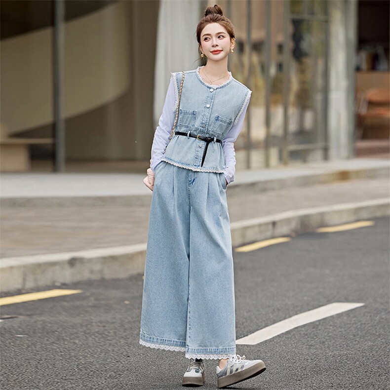 浅蓝牛仔马甲T恤阔腿裤三件套女2025春新款蕾丝拼接减龄休闲套装,女装套装/套裙,悠米