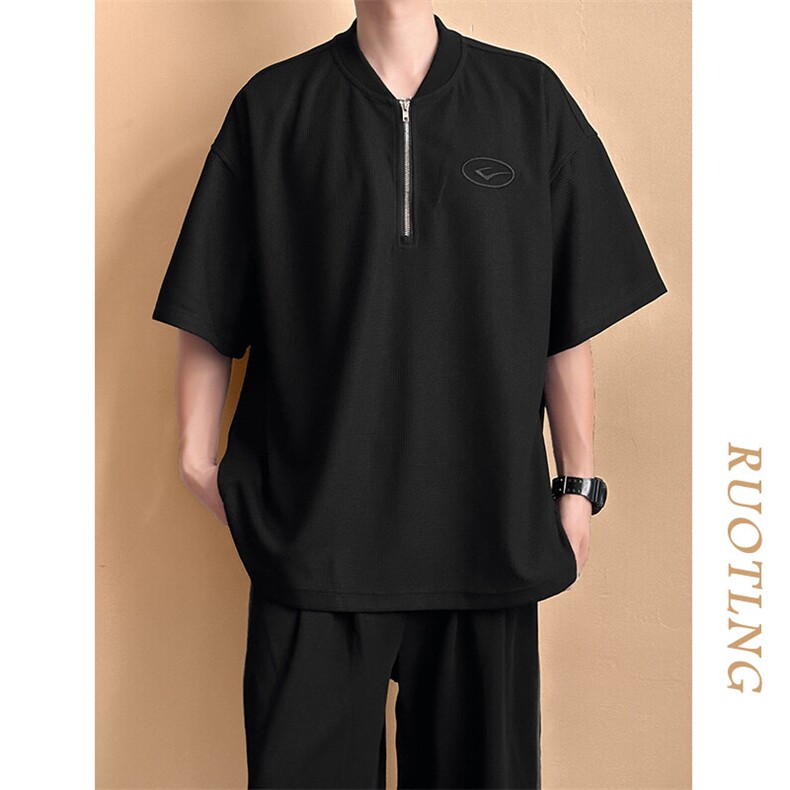 现货-夏季新品华夫格拉链短袖男潮牌百搭宽松T恤-AT23008-P55,男装T恤,电商A351