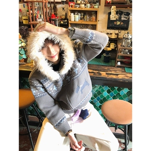 重磅北极绒座山雕毛衣外套冬美式复古休闲慵懒风大毛毛领针织开衫图片