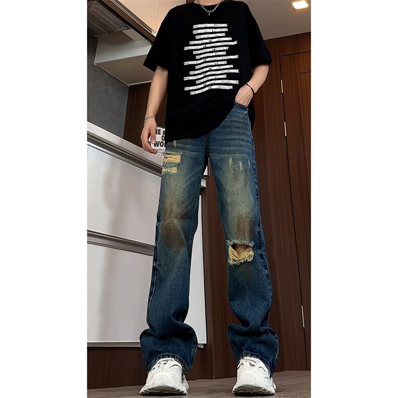 B221美式ins高街暗黑宽松直筒破洞喷墨乞丐牛仔裤LK24202-P60控78,男装牛仔裤,电商B221