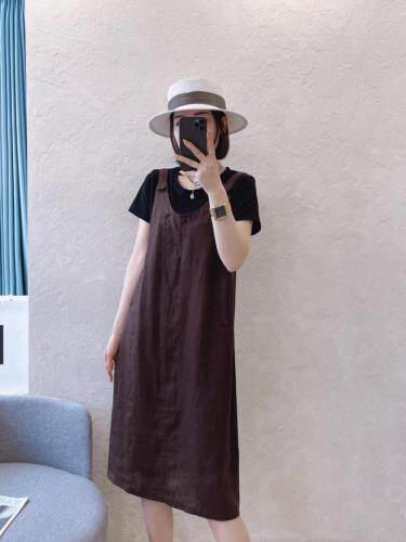 假两件套麻料连衣裙，女装连衣裙，依伊贝诺