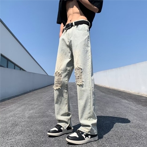 高街破洞牛仔裤男欧美痞帅拉链牛仔裤膝盖贴布1001-1-XN835-P48图片
