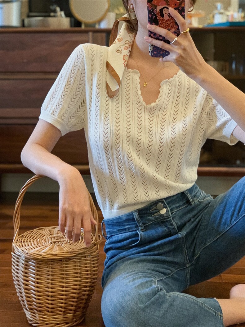 V领短袖纯色套头2024年秋季通勤时尚气质针织衫，女装针织衫/毛衣，百纯羊绒