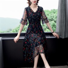 雪纺连衣裙2021新款夏显瘦减龄妈妈v领遮肚裙子大码高端气质，女装连衣裙，潮品会