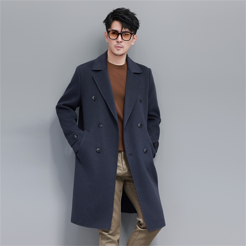 大货高端手工绵羊毛双面呢长款大衣男装中年双排扣双面呢风衣外套，男装风衣，钱塘723