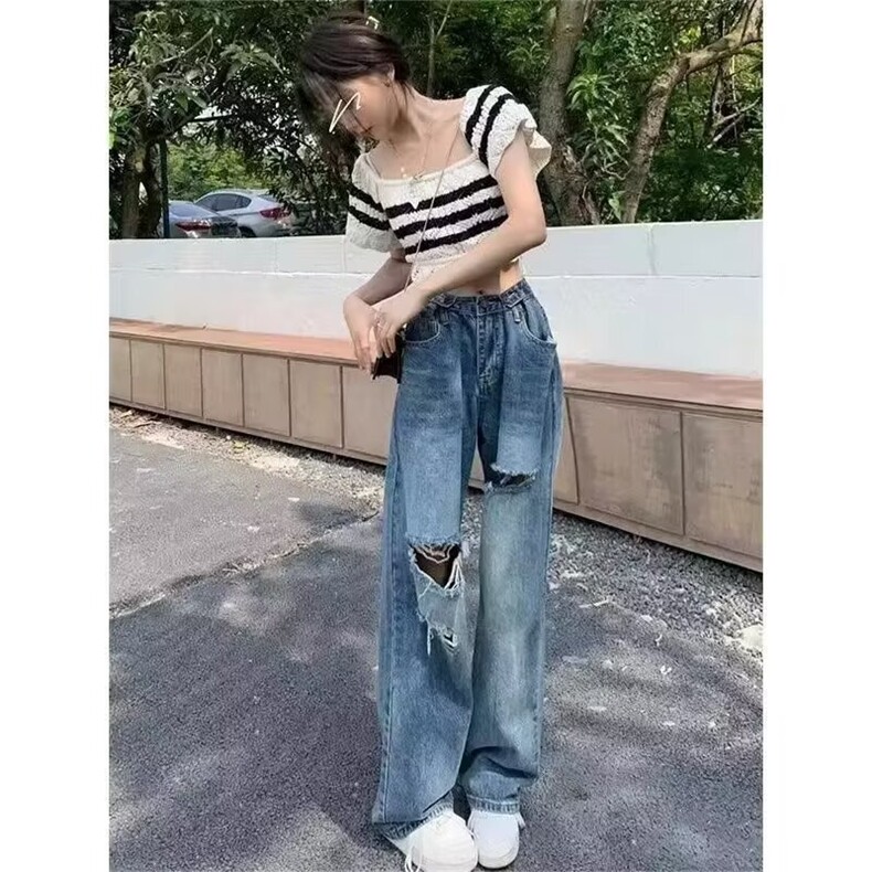 高腰腰头可调节阔腿牛仔裤女春夏韩版宽松破洞直筒裤子拖地裤长裤,男装牛仔裤,星座506A