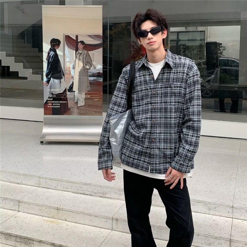 日系cityboy撞色格子衬衫男秋季新款潮牌复古高级感情侣休闲外套,男装衬衫,星座506