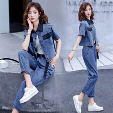 现货，新款韩版撞色宽松休闲牛仔裤两件套工装风休闲减龄显瘦潮女，女装套装/套裙，E百度