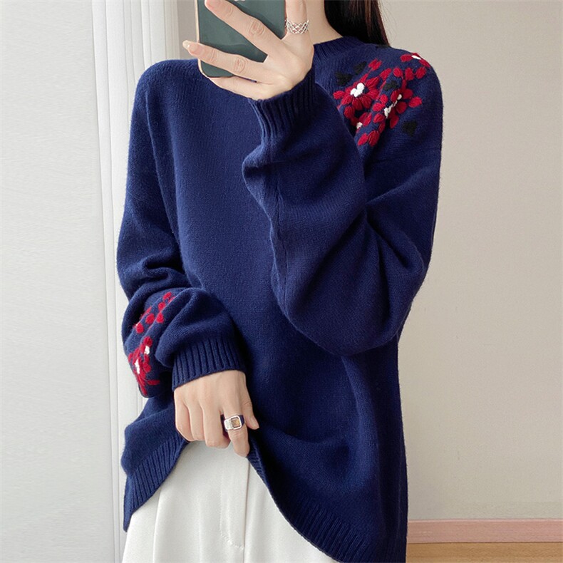 秋冬新款重工手工绣花慵懒风毛衣提花100%纯羊毛衫女加厚针织内搭，女装针织衫/毛衣，江南羊绒