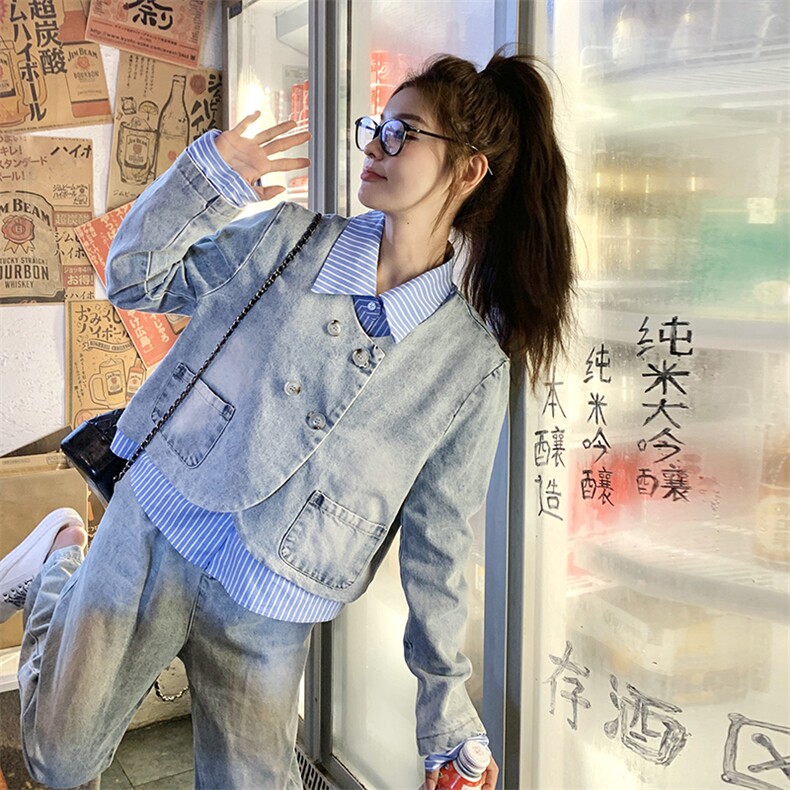 秋装条纹拼接牛仔假两件短外套+牛仔裤两件套2C239-15-P170-K238,女装套装/套裙,2C239