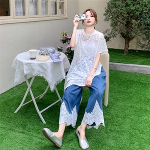 不规则叠穿蕾丝罩衫连衣裙阔腿裤女两件套2025夏季新款宽松套装裙图片