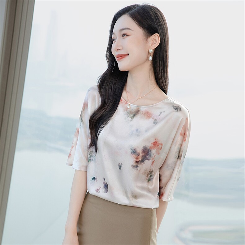 圆领印花真丝上衣女五分袖2026装短袖T恤半袖妈妈装真丝小衫,女装衬衫,阿舍尔精品
