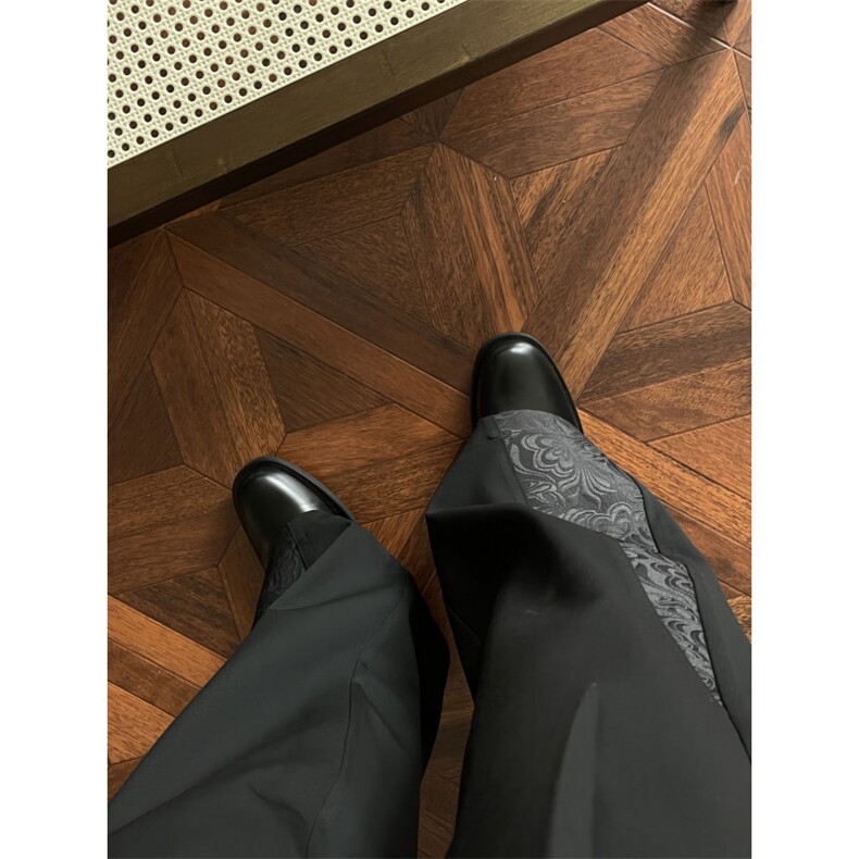 新中式复古拼接绑带设计微喇叭西裤男直筒宽松垂感休闲西装长裤子，男装西裤，四季星座505