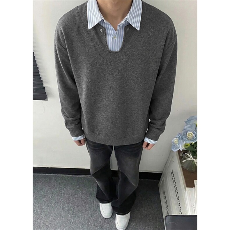 假两件衬衫领长袖卫衣春季简约男士复古上衣女C61324-TP4589,男装衬衫,电商A102