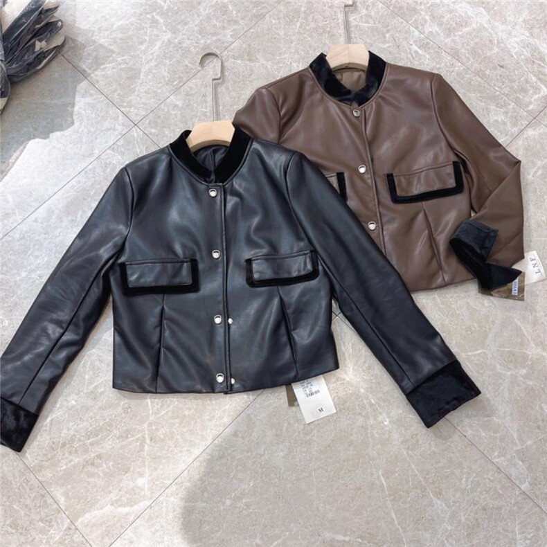 丝绒拼接皮衣，女装皮衣，时代公主