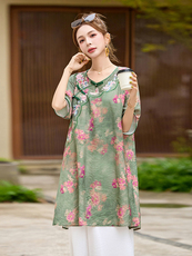 现货！夏季新款2025印花盘扣套装女时尚休闲气质宽松两件套套裤，女装套装/套裙，涵墨