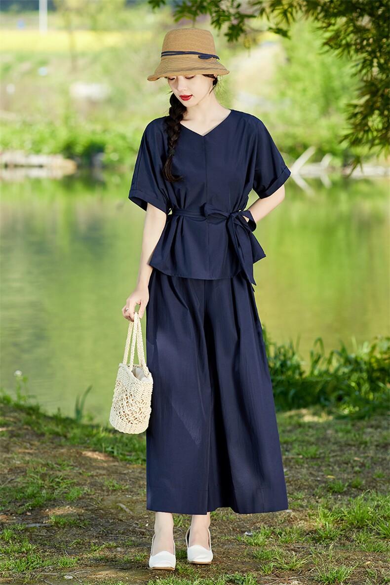 棉麻套装女夏季2025新款高端时尚洋气减龄显瘦亚麻阔腿裙裤两件套,女装套装/套裙,水衣源