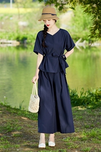 棉麻套装女夏季2025新款高端时尚洋气减龄显瘦亚麻阔腿裙裤两件套图片