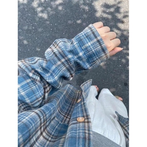 蓝色磨毛格子衬衫男款长袖春秋季新款美式复古通勤风休闲衬衣外套图片