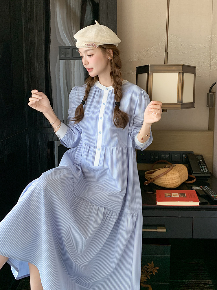 小清新蓝色条纹连衣裙女2025春季新款女装复古文艺宽松减龄衬衫裙,女装连衣裙,浙宝276（原081）