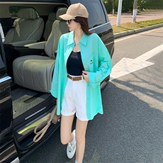 春季新款时尚休闲简约女装宽松显瘦纯色百搭单排扣翻领中长款衬衣，女装衬衫，江南