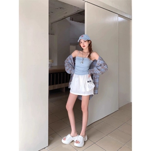 TC598-P45格纹衬衫女夏季2026新款韩系宽松懒惰风衬衣防晒上衣图片