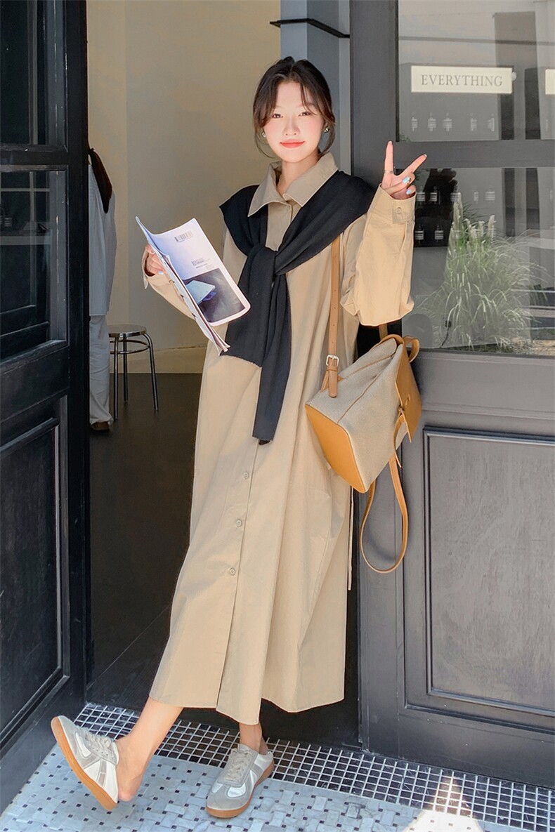 卡其色针织披肩连衣裙女2025秋季新款韩系慵懒风宽松显瘦衬衫长裙,女装连衣裙,2C159