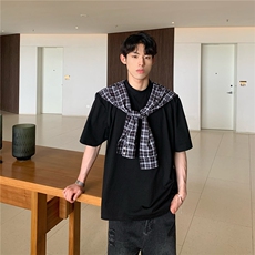 韩版假两件小众设计格子披肩T恤夏季2025新宽松男女同款情侣，男装T恤，星座218-1（原230）