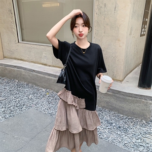 黑色拼接连衣裙女中长款2024夏新款法式收腰显瘦设计感宽松T恤裙图片