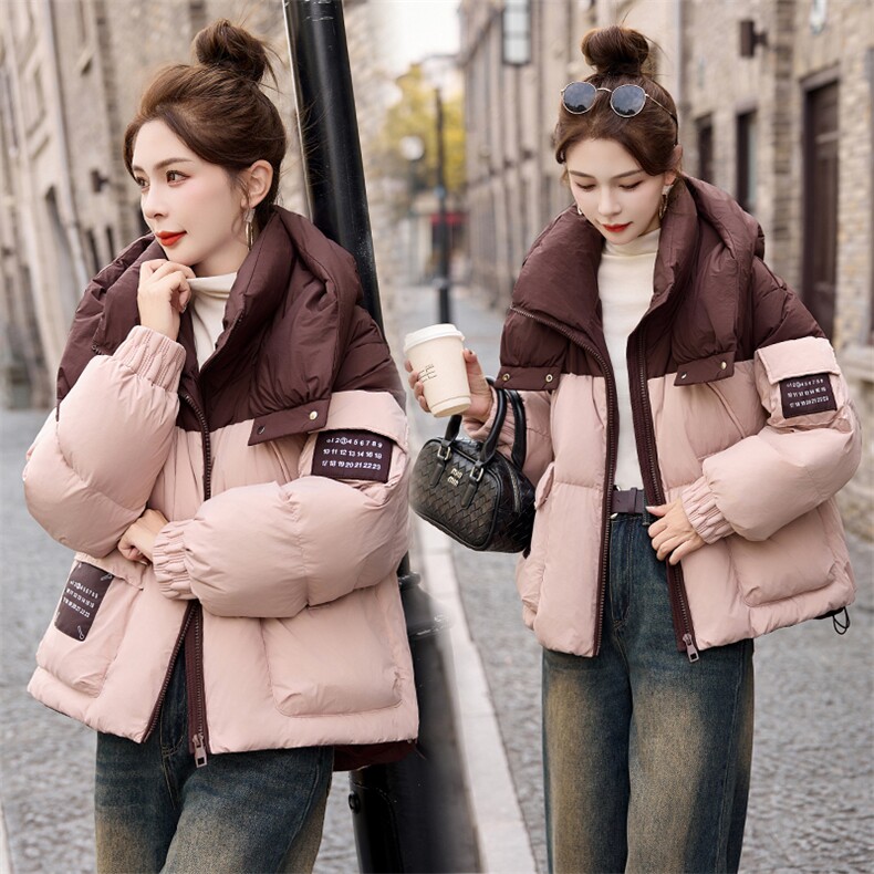 粉色撞色短款羽绒服女冬2024新款韩系慵懒风面包服，女装羽绒服，雅佳俏