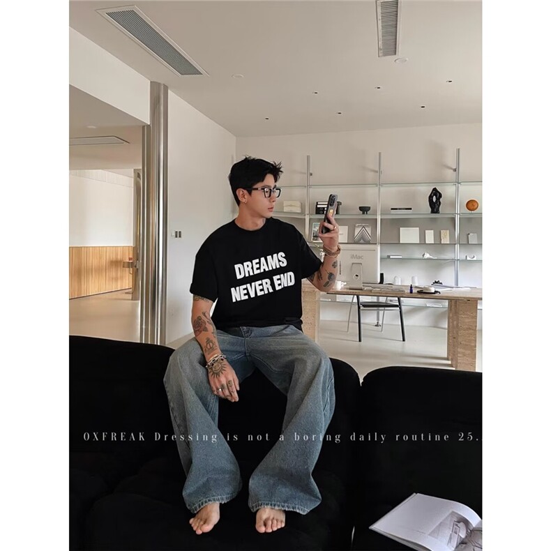 W10487-P53网图现货直筒宽松牛仔裤新款宽松显瘦阔腿拖地裤子,男装牛仔裤,星座1608